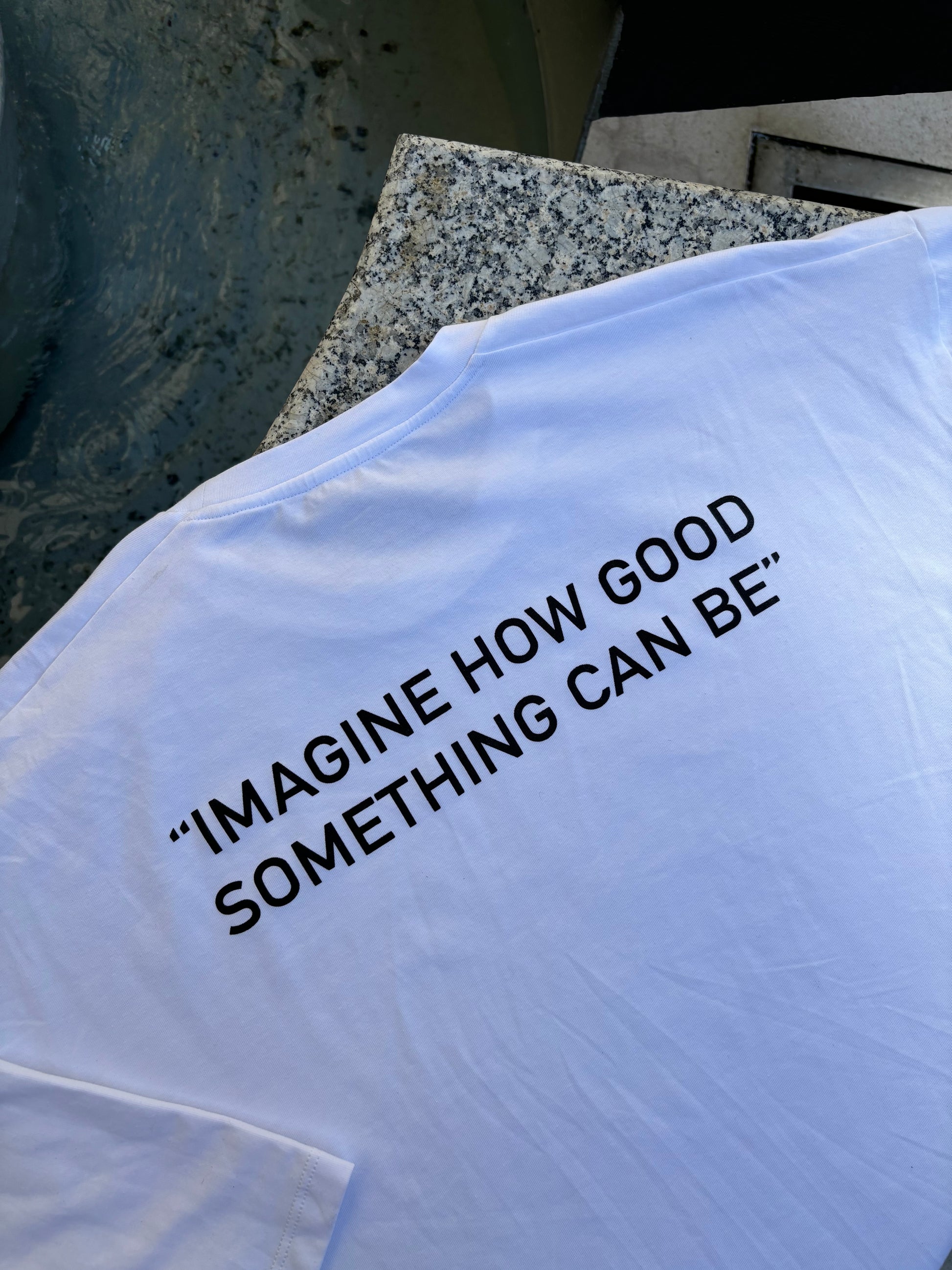 "Imagine" Screen Print Logo Boxy Tee in White