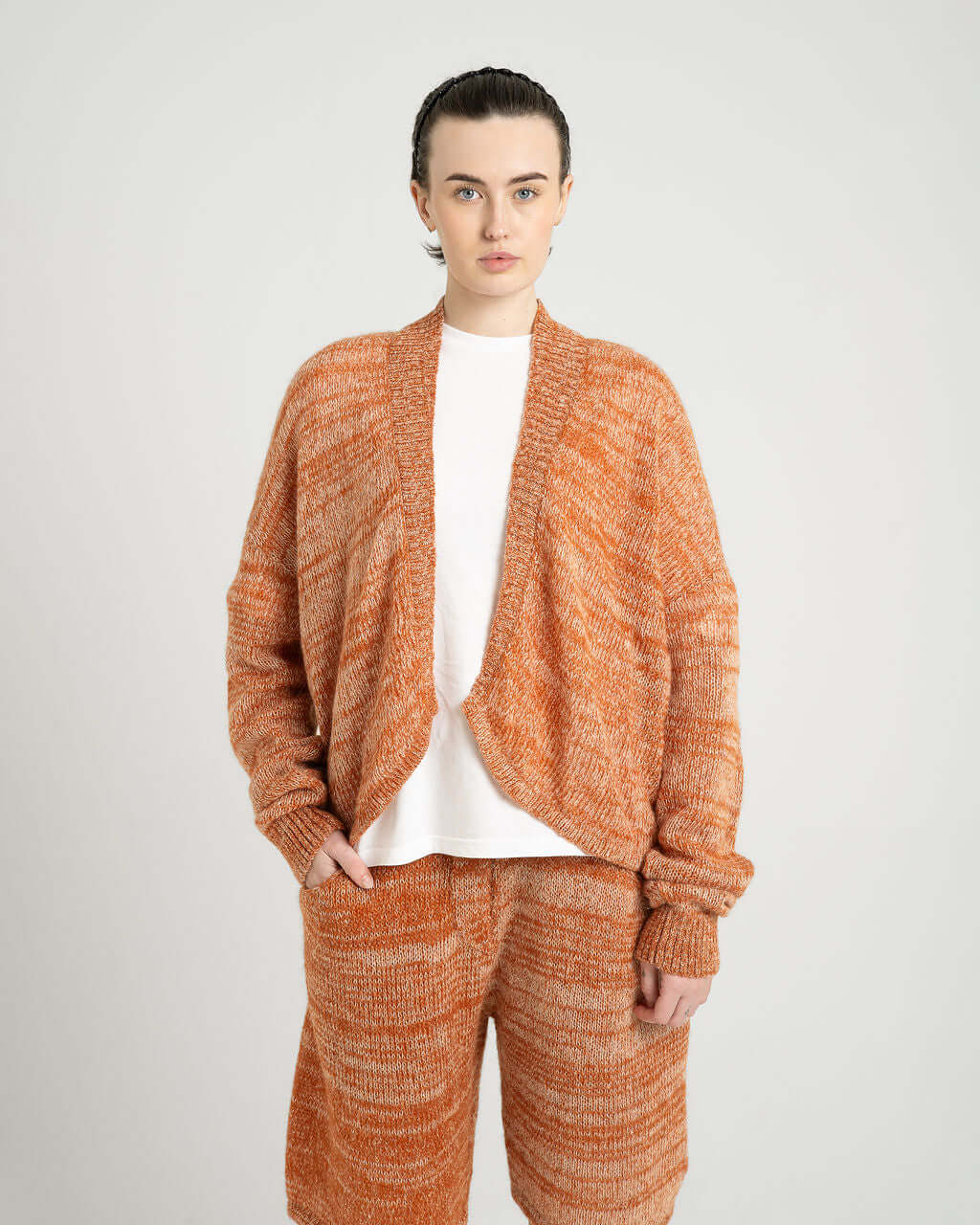 Kid Mohair Blend Knitted Cardigan in Evening Sun, oversized fit, soft yarn, unique two-color design, made in the UK.