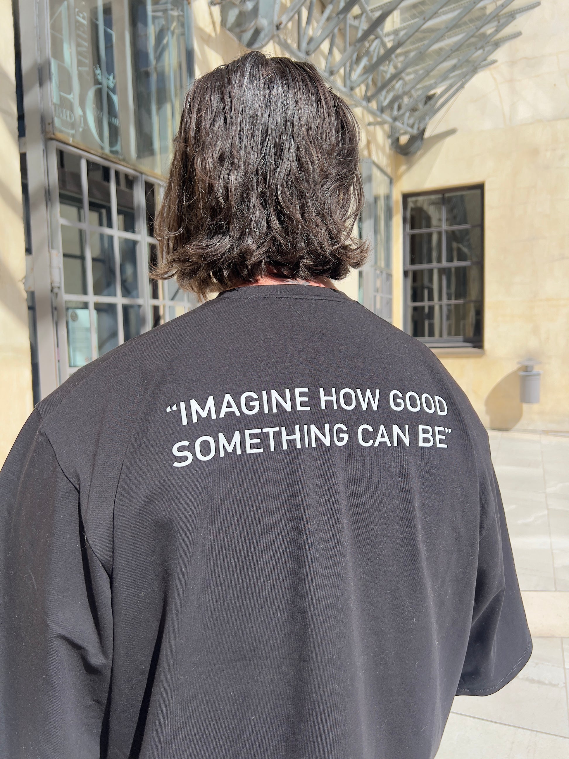 "Imagine" Screen Print Logo Boxy Tee in Black